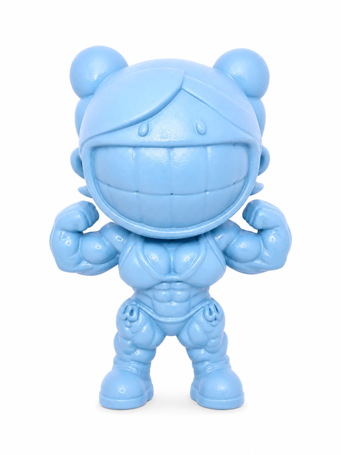 A pale blue figure with two round pigtail buns and an enormous toothy grin, flexing both arms above a heavily muscled chest