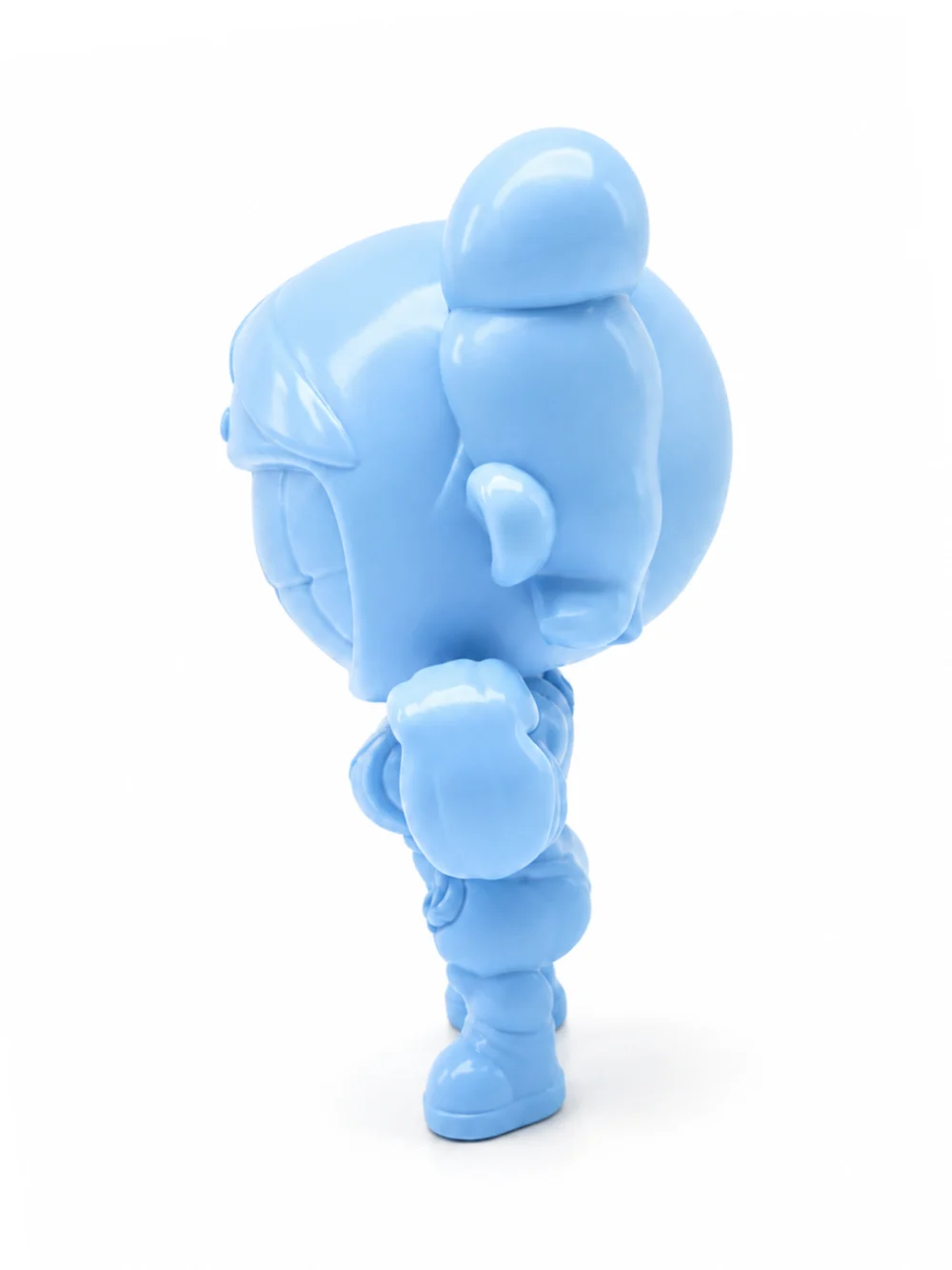 The blue figure from a high side angle, one bicep raised, the pigtail buns standing out against white