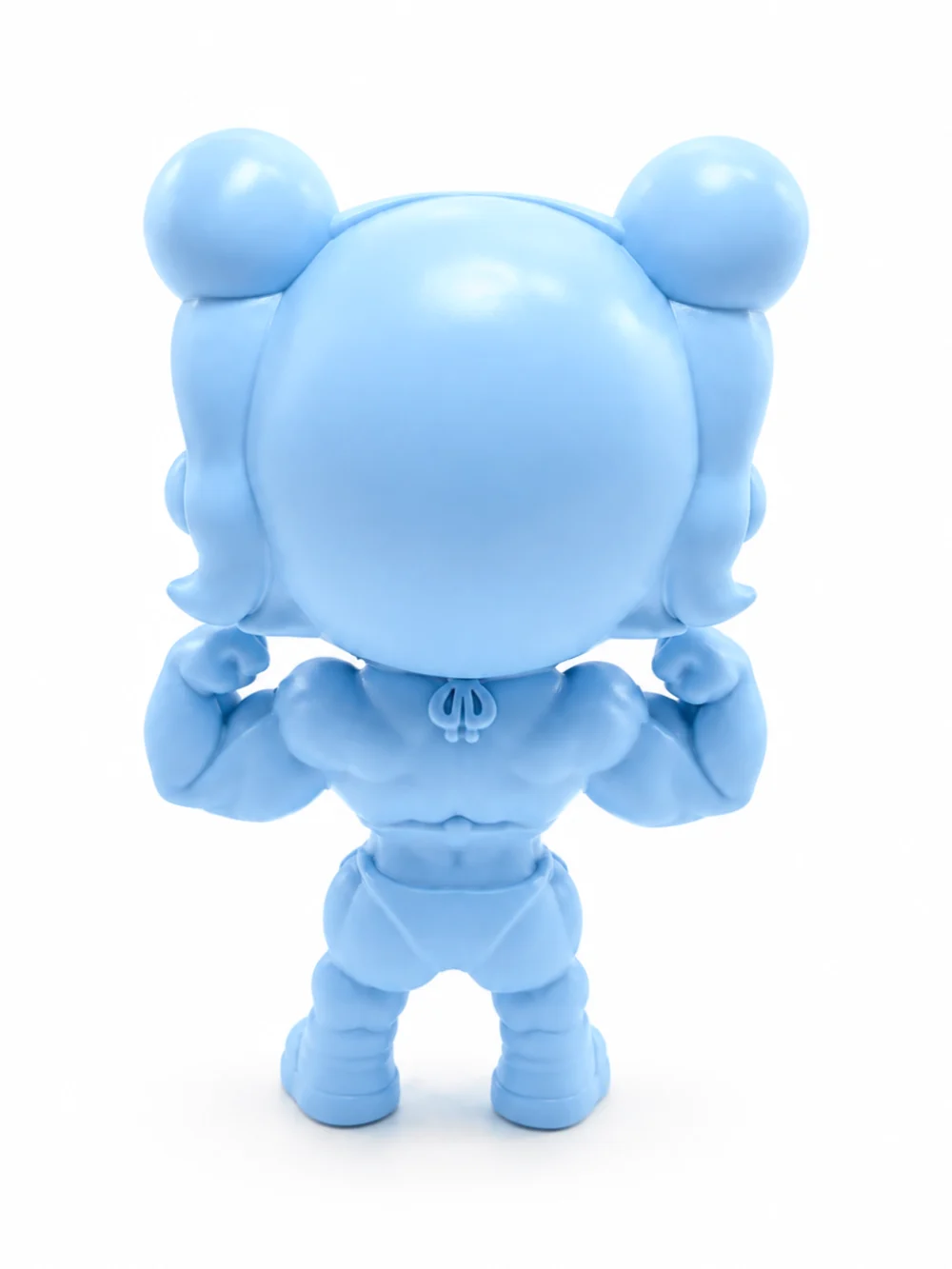 The figure from behind, a broad flared back below the two pigtail buns, both arms still flexed