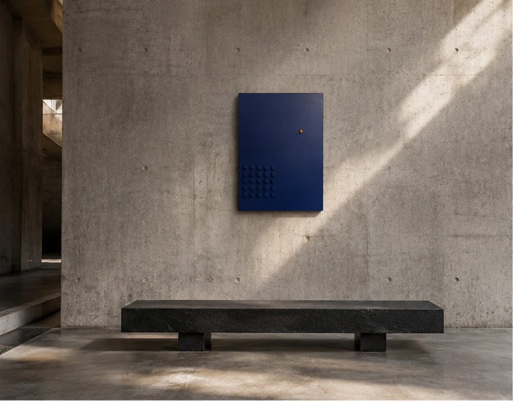 A deep blue panel on a raw concrete wall, lit by a diagonal shaft of sunlight, with a black stone bench in front of it