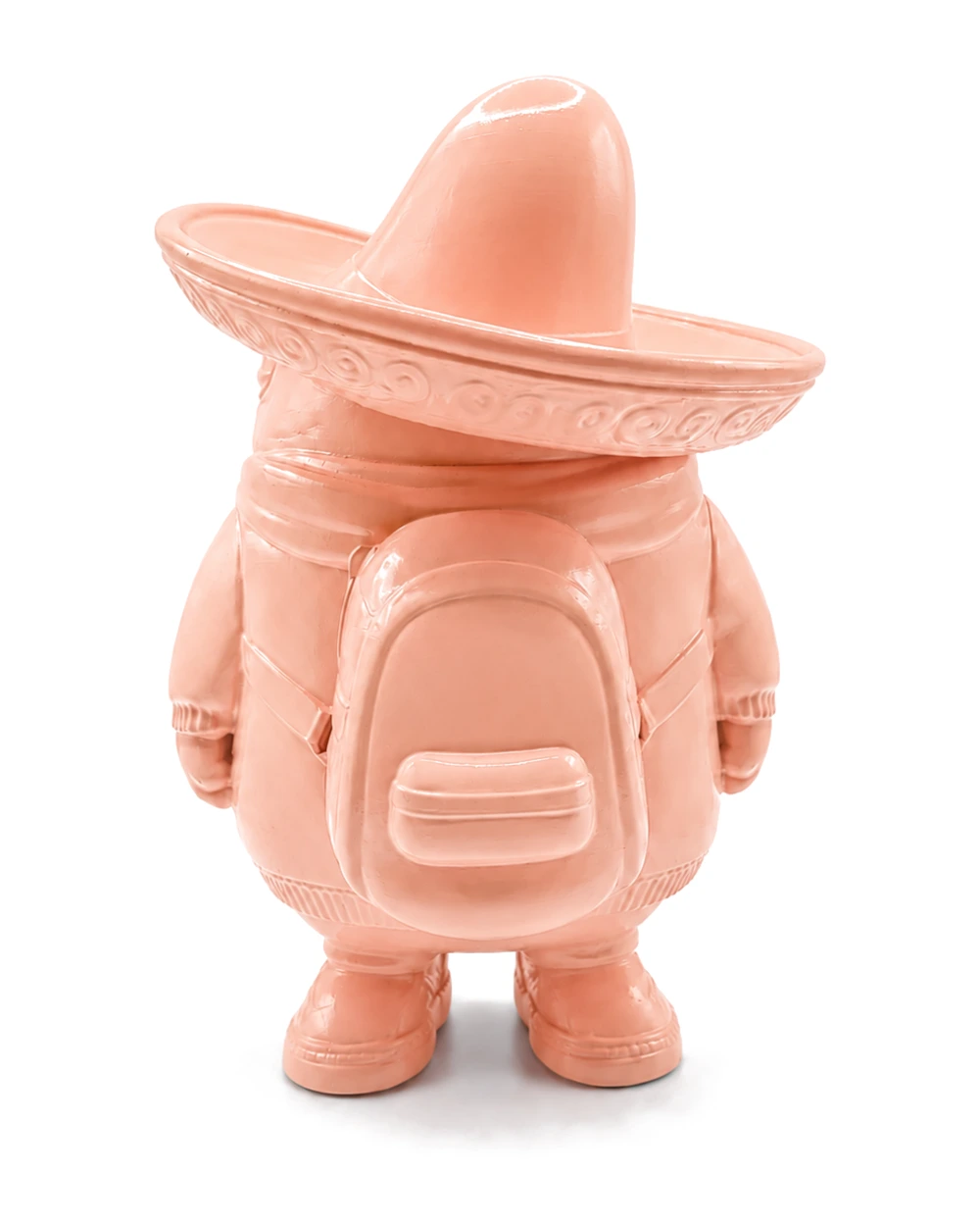 The figure from the back, one large backpack covering most of its body, the hat brim tilted up