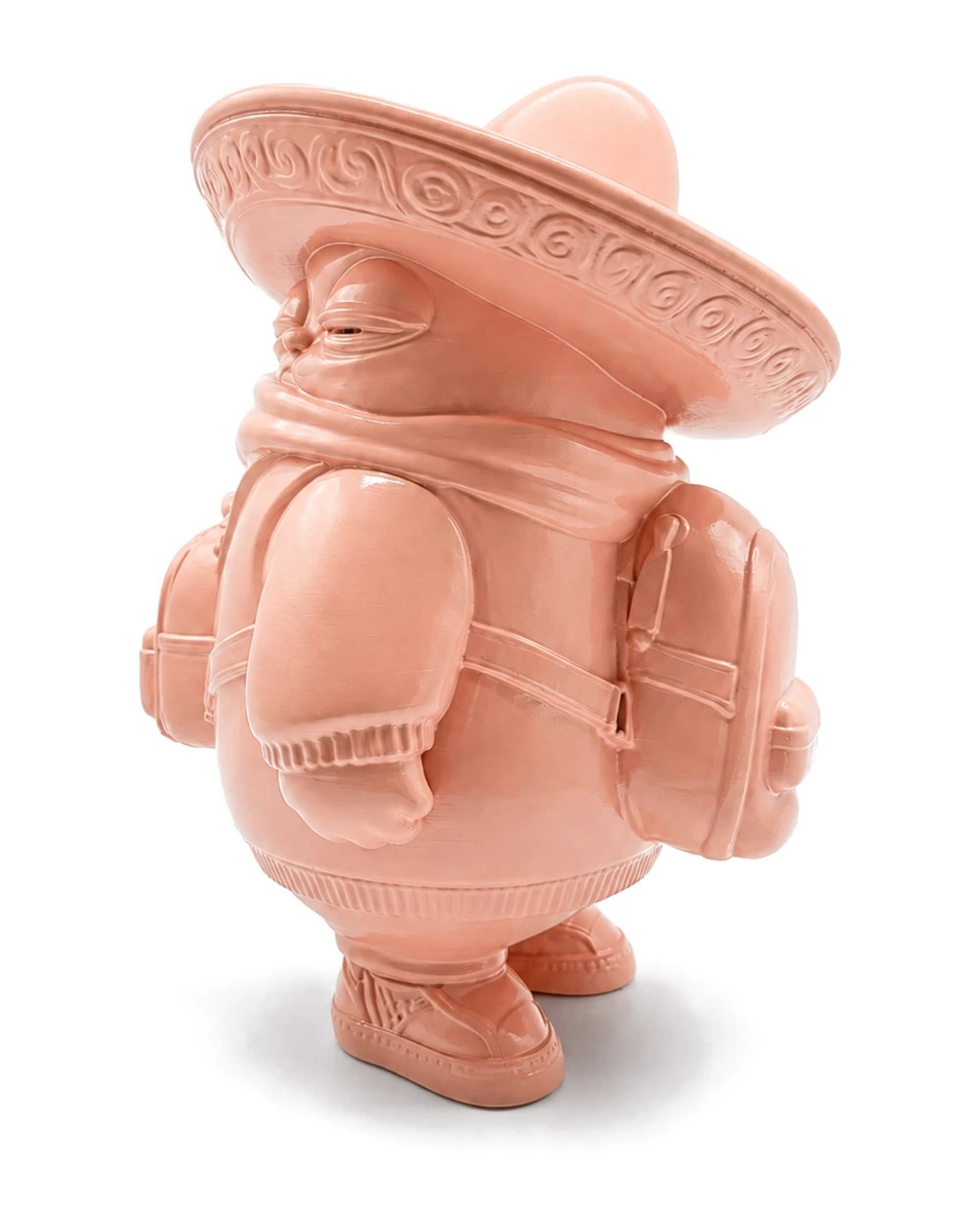 Three-quarter view of the figure, squinting past its shoulder, luggage bulging on both sides