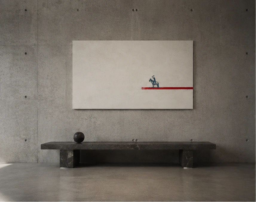 A wide off-white panel on concrete, a tiny teal rider standing on a red line near its lower right corner, dark stone bench below