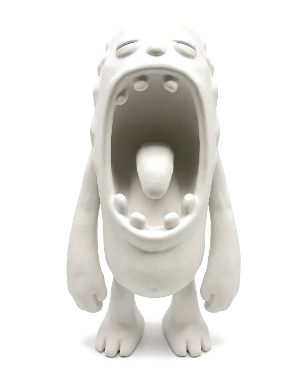 A matte white creature with long arms and a heavy belly, head thrown back in a wide open-mouthed yawn