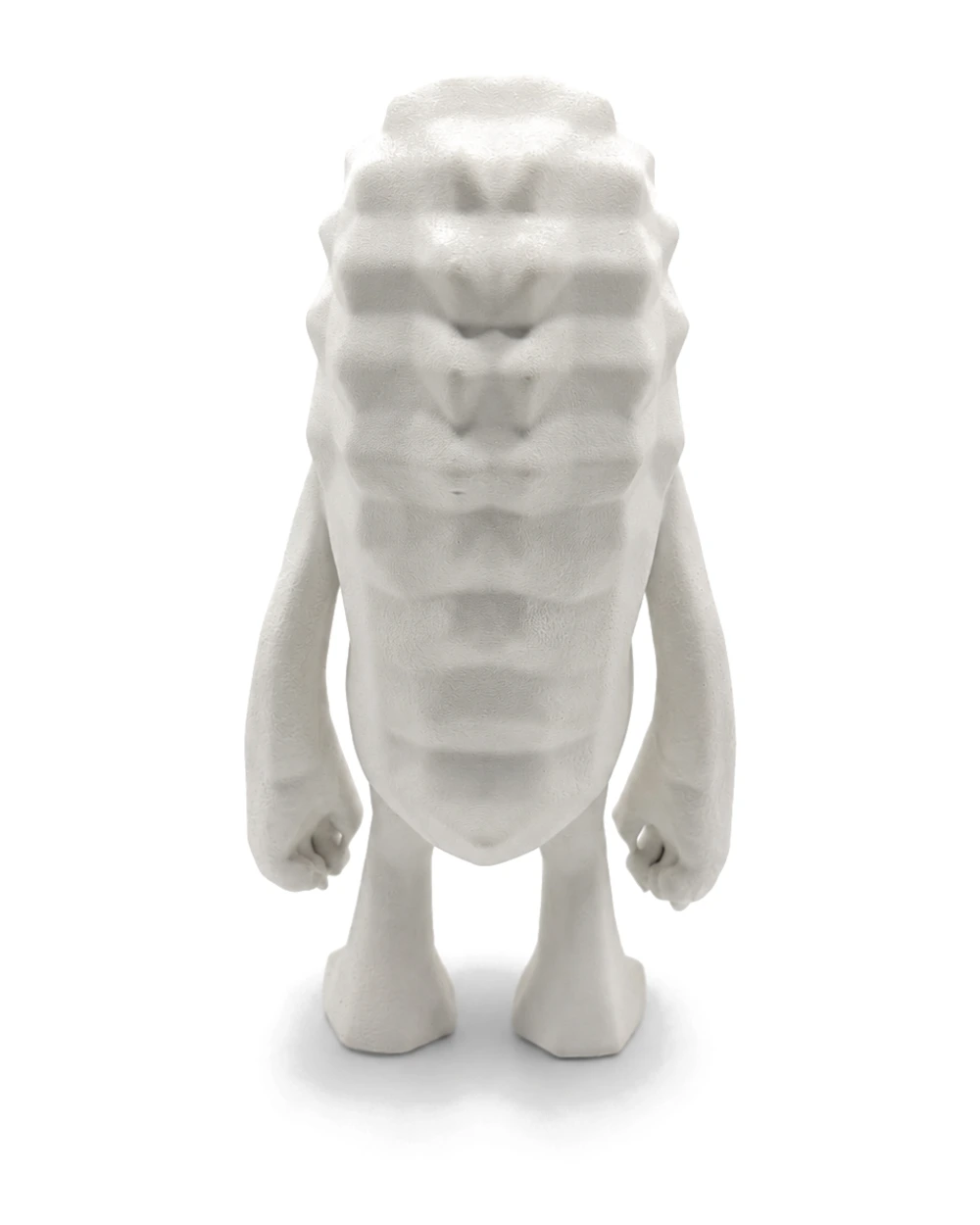 The white creature seen from the front, eyes shut, faceted fur ridges running down its bulging belly